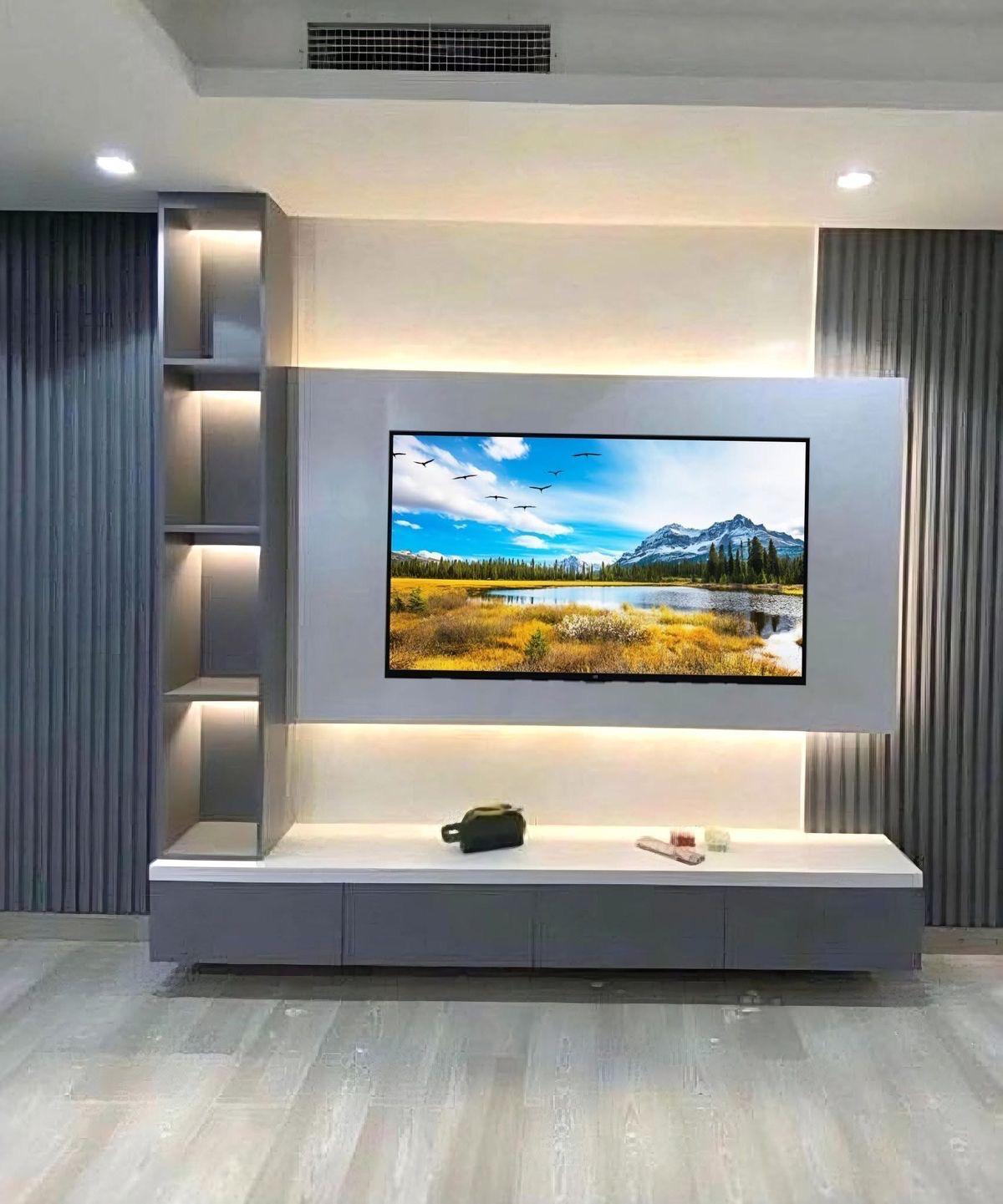 Fluted Wall Panelling with Backlit Screen Surround