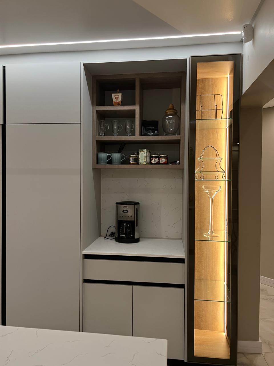 Coffee Station with Illuminated Glass Cabinet