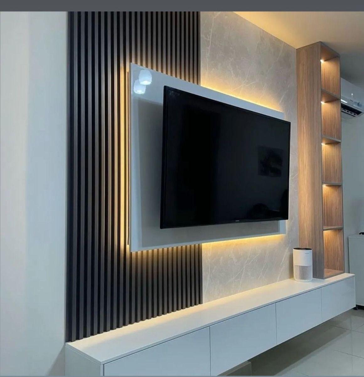 Black Slat and Stone Media Wall with Oak Display Tower