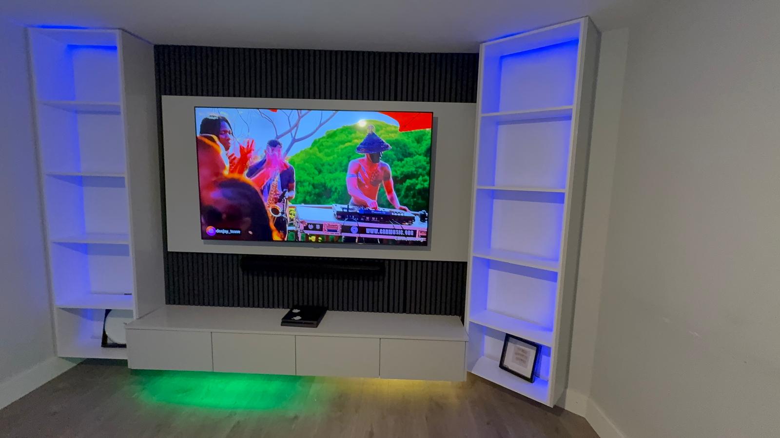 White Media Wall with Acoustic Slat Panel